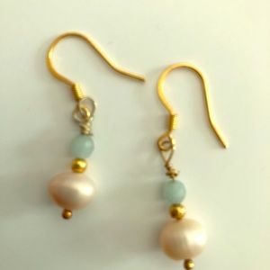 Freshwater pearl Amazonite and gold earrings